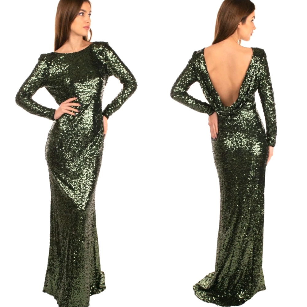 $895 NWT BADGLEY MISCHKA Emerald Green Maxi Long Gown 4 SMALL Sequin Long sleeve - Picture 2 of 10